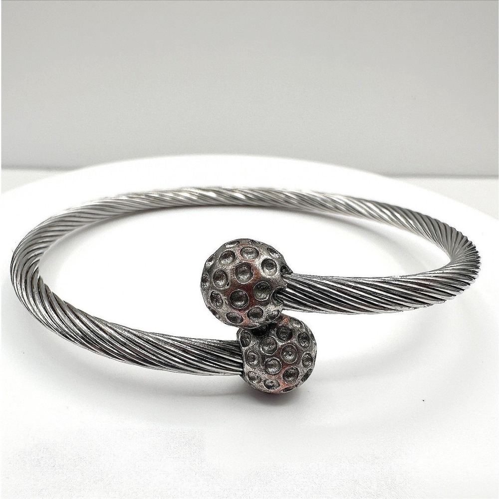 Vintage 90s Silver Tone Twisted Cable Cuff Bracelet Textured Boho Ball Jewelry